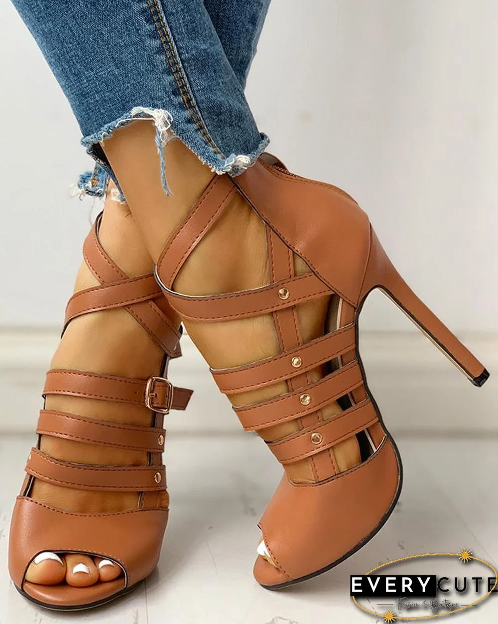 Solid Hollow Out Ankle Strap Thin Heeled Sandals