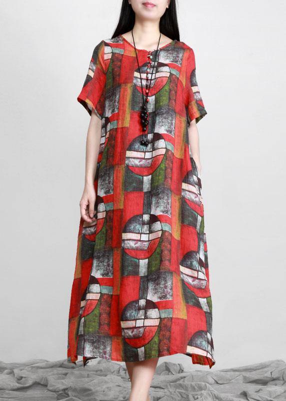 VCSHOES Red Print Linen Dress Pockets