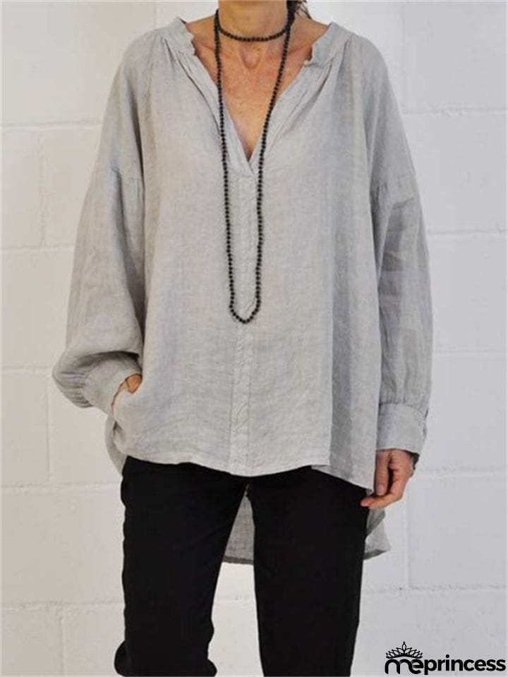 Women's Loose Pullover Style Solid Color V-Neck Blouse