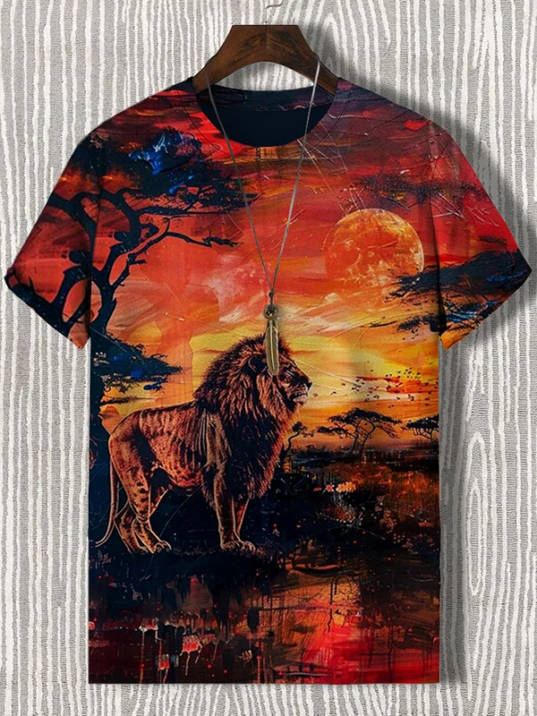 Men's Vintage Sunset Wild Lion Nature Art Print Casual T-Shirt