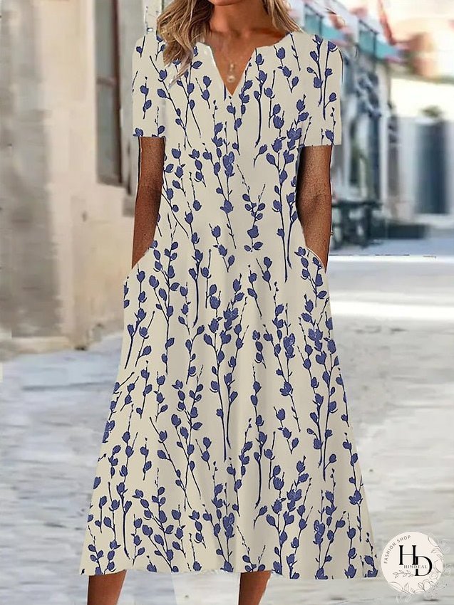 Casual Dress Shift Dress Summer Dress Floral Pocket Print V Neck Midi Dress Active Fashion Outdoor Date Short Sleeve Regular Fit Blue Khaki Apricot Summer Spring S M L XL XXL for Women