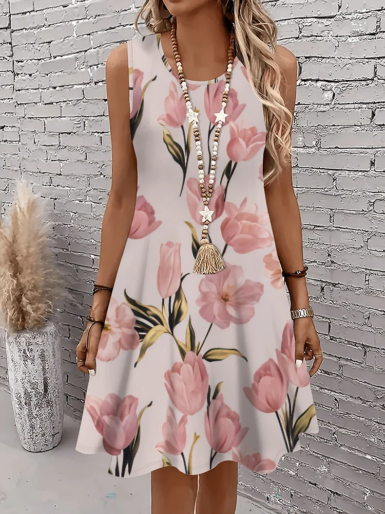 Women's Floral Print Sleeveless A-Line Tank Dress - Lightweight Breathable Summer Casual Dress With Round Neck & Short Length, Machine Washable, Casual Summer Dresses, Casual Attire, Feminine Style, Easy Care, Spring Collection