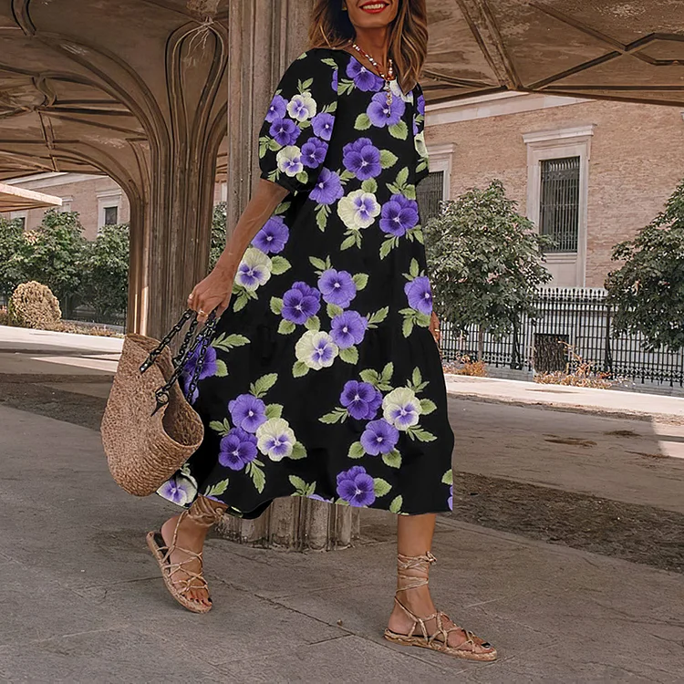 Japanese Purple Floral Art And Spring Midi Dress