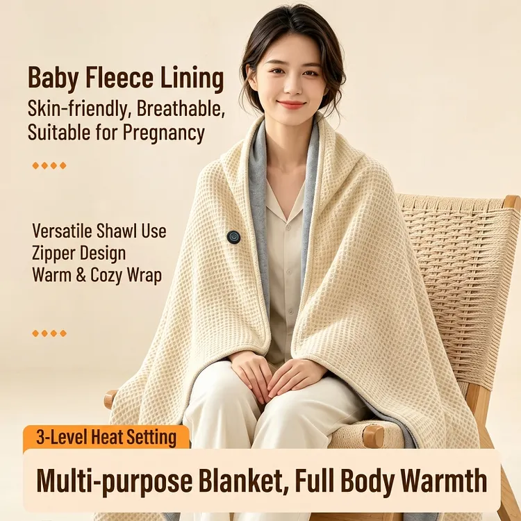 2027 Upgraded Portable USB Heated BlanketShawl for Women, Heated Shawl Wraps,Cordless Wearable Heated Zip Up Blanket, 3Heat Settings, Fast Heating, BatteryPowered,Beige