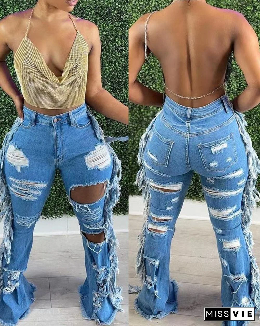 High Waist Ripped Cutout Fringe Jeans