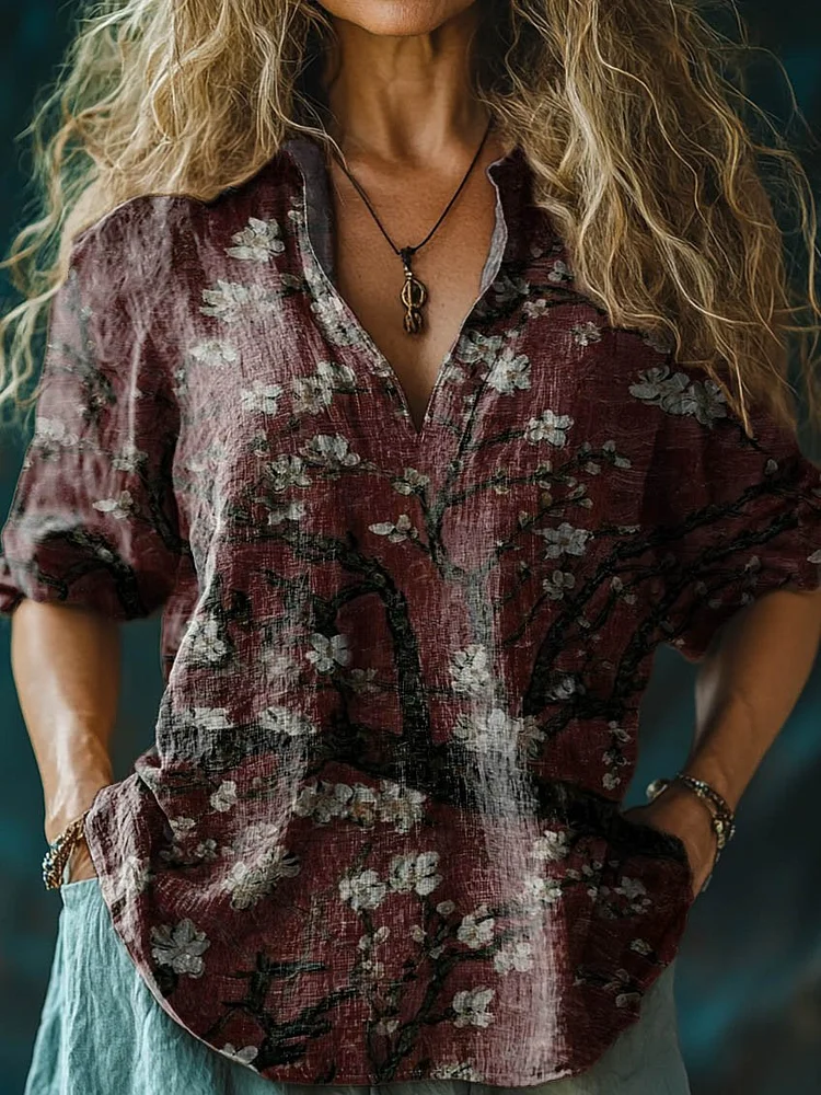 Women's Retro Dark Colored Flowers Print Casual Linen V-neck Shirt