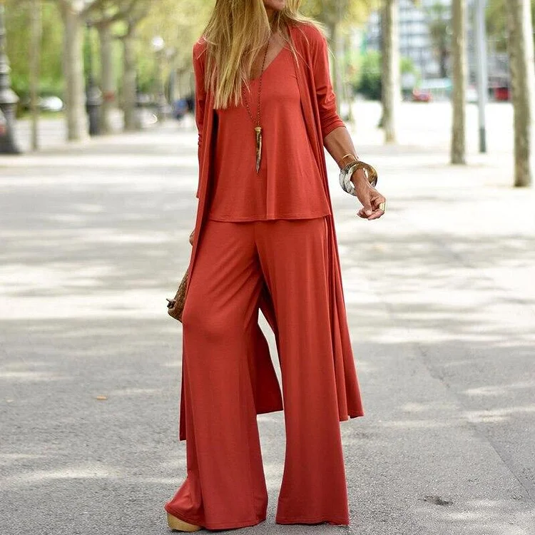 Autumn Fashion Casual Loose Three-Piece Sets Summer V-Neck Sling Tops+Wide Leg Trousers+Long Cardigan Suits Women Solid Outfits 1010-1