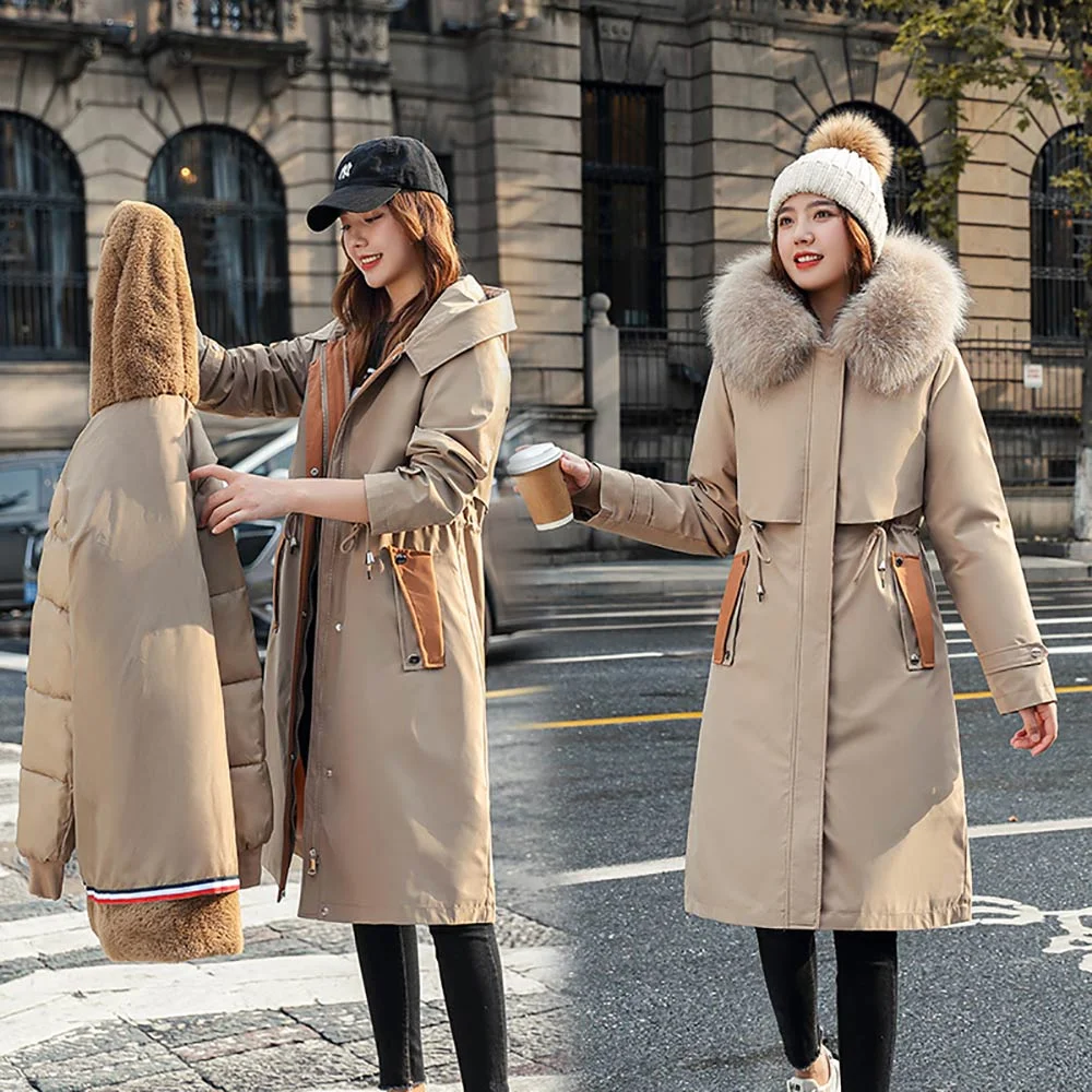 Brownm 2021 New Winter Jacket Women Coat Removable Long Fashion Hooded Warm Parkas Female Thick Fur Liner Winter Coat Women