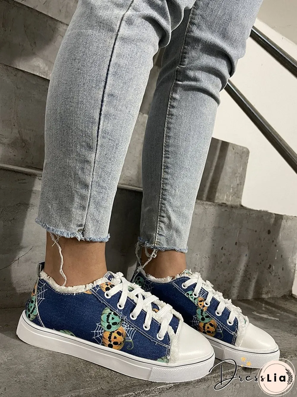 Halloween Pumpkin Spider Web Print Distressed Canvas Flats