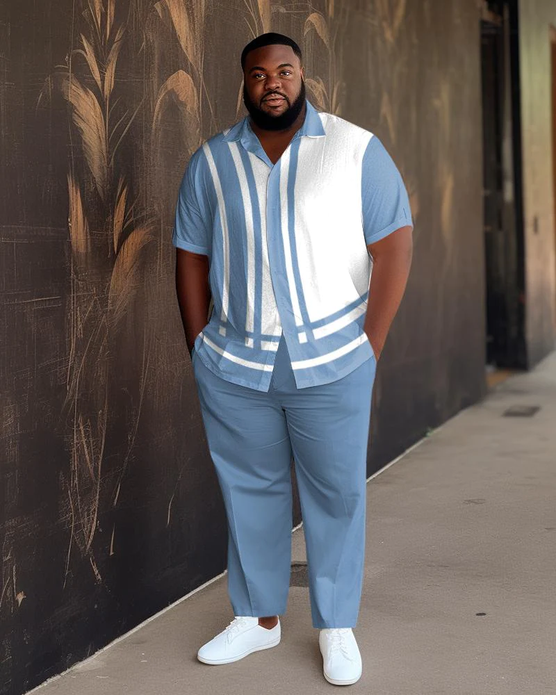 Men's Blue Stitching White Gradient Short Sleeve Walking Suit 019