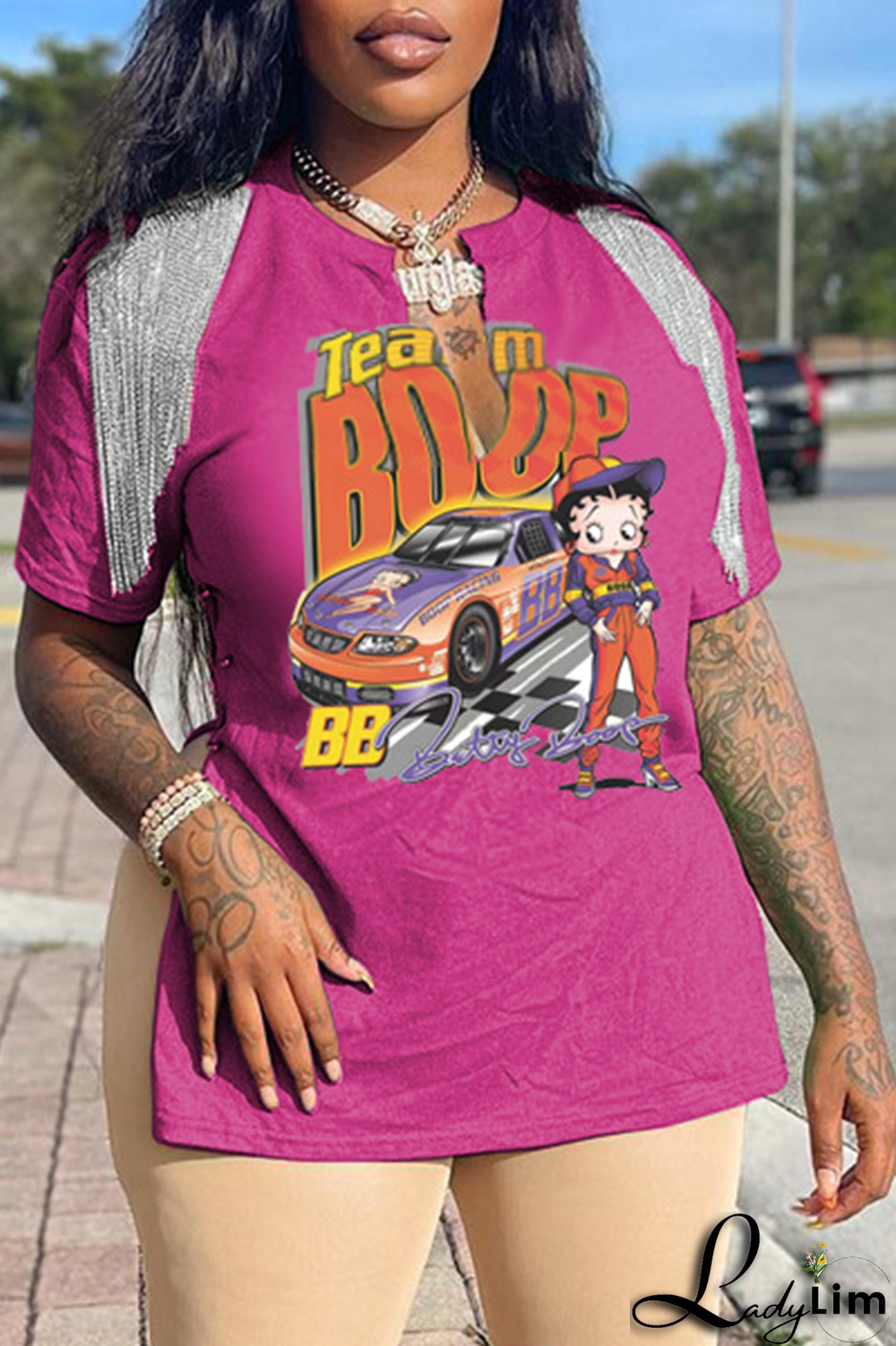 Purple Fashion Print Tassel V Neck T-Shirts