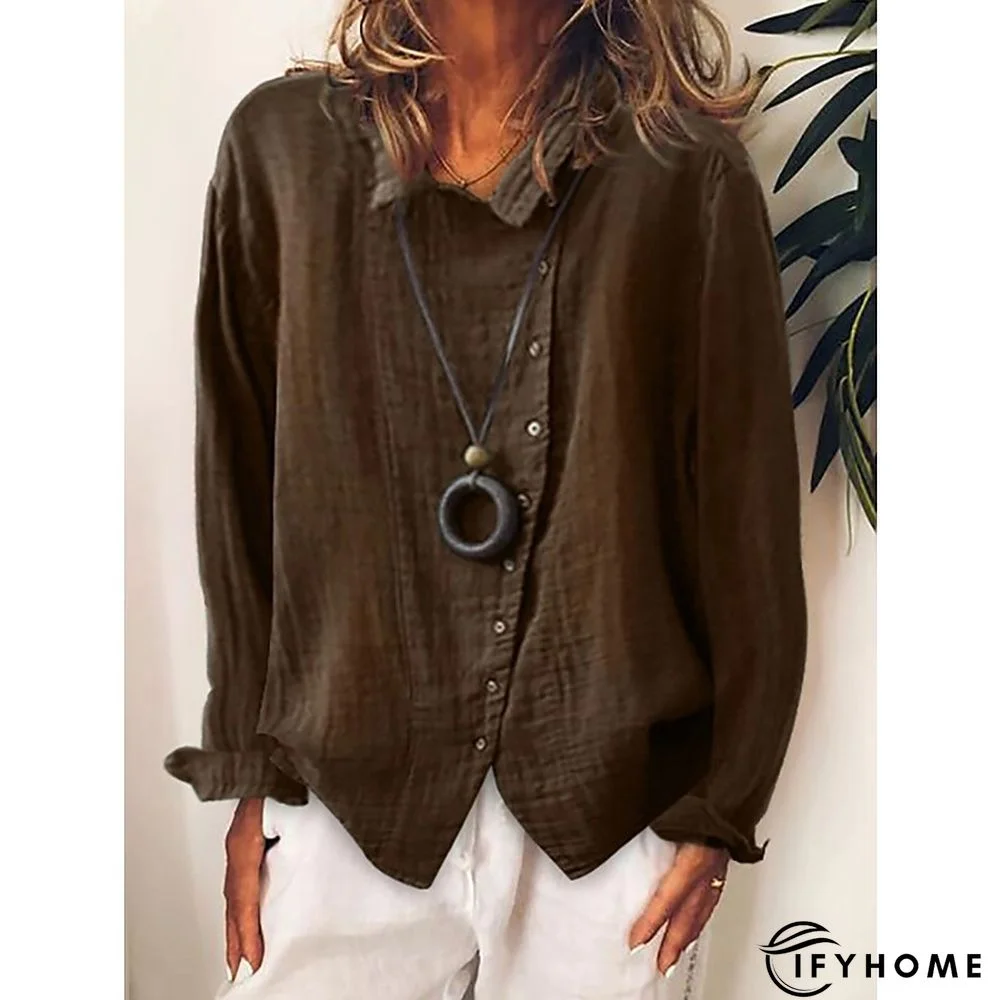 Women's Shirt Blouse White Yellow Blue Plain Button Long Sleeve Daily Weekend Casual Shirt Collar Regular Linen S | IFYHOME