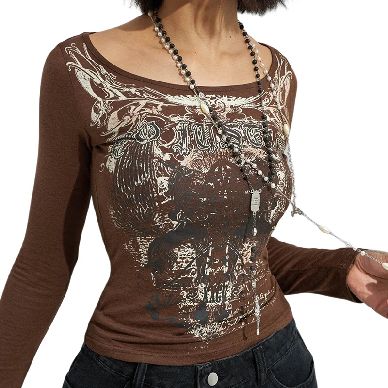 Vintage Women Graphic Print T Shirt Goth Long Sleeve Clothes Skinny Street Ladies Tops Anime Clothes Dark Academia Tee