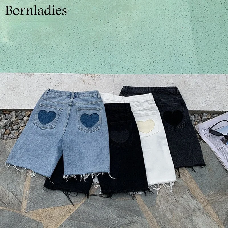 Bornladies Women Short Jeans Summer Streetwear High Waist Half Length Denim Trousers Casual Vintage Baggy Straight Short Pants