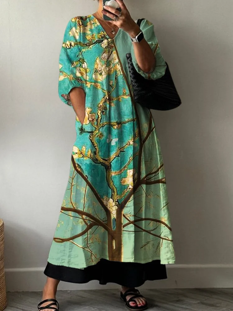 Floral Art Print Pocket V-neck Cotton Dress