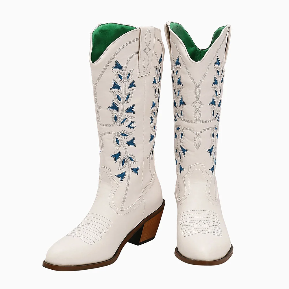 White Round Toe Pull On Mid Calf Cowgirl Boots with Embroidered