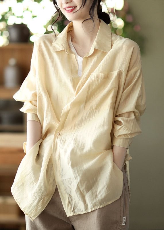 Natural Apricot Peter Pan Collar Button Cotton Shirt Spring CK2605- Fabulory