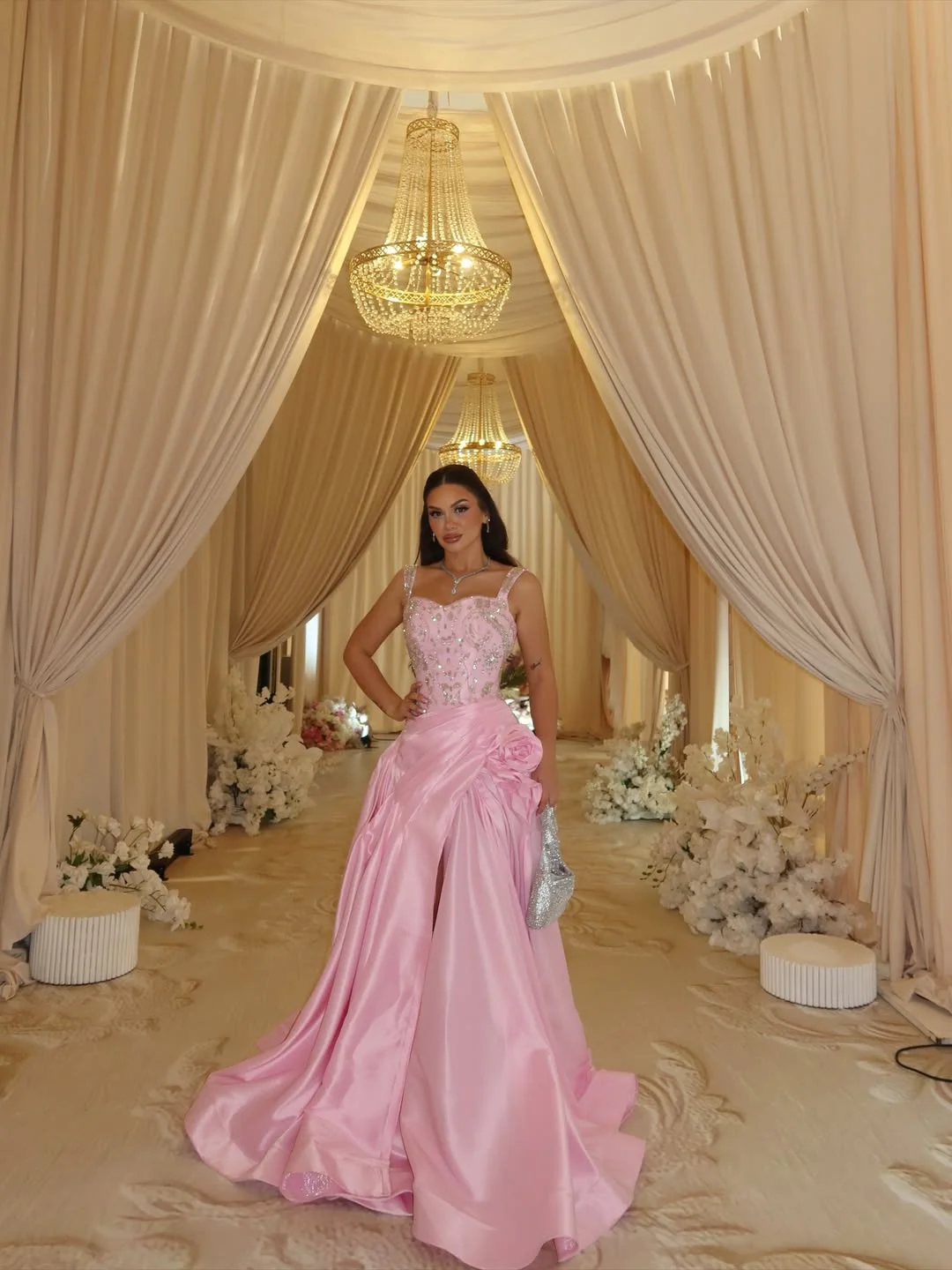 Lussooy Elegant Pink Sleeveless Wide Straps A Line Embroidery Prom Dress