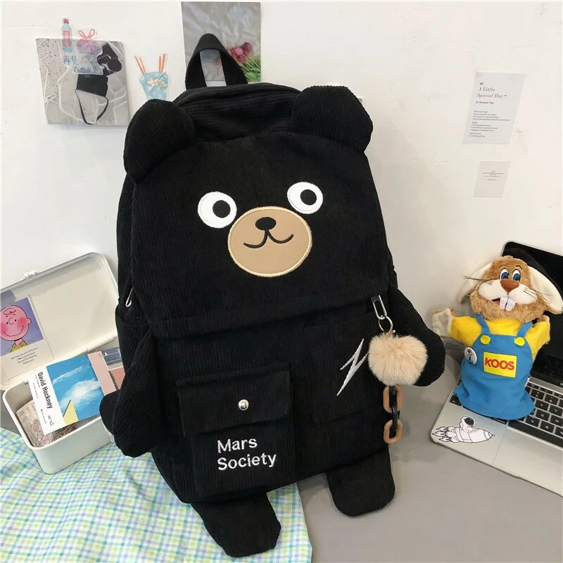 2021 New Cartoon Bear Corduroy Women Backpack Female Cute Stripe School Bag Luxury Embroidery Travel Backpacks For Teenage Girls