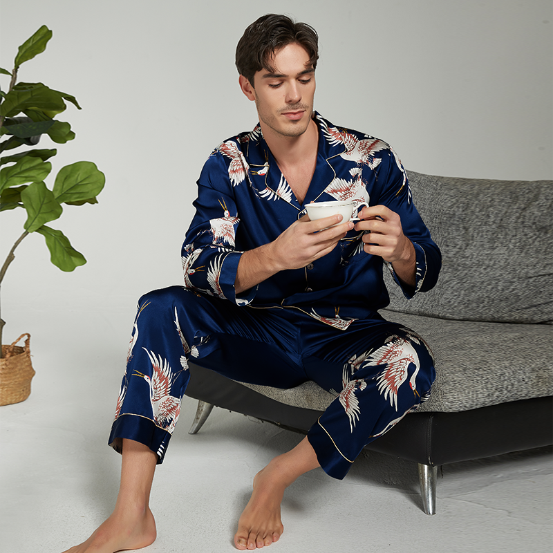 Pyjama en soie Homme bleu grue de luxe- SOIE PLUS