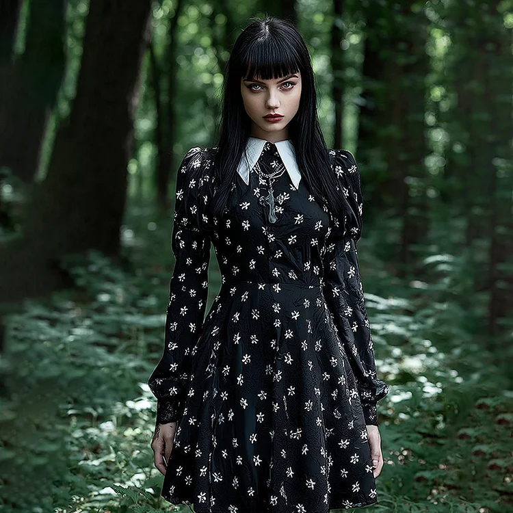Halloween Gothic Floral Peter Pan Collar Long Sleeve Midi Dress