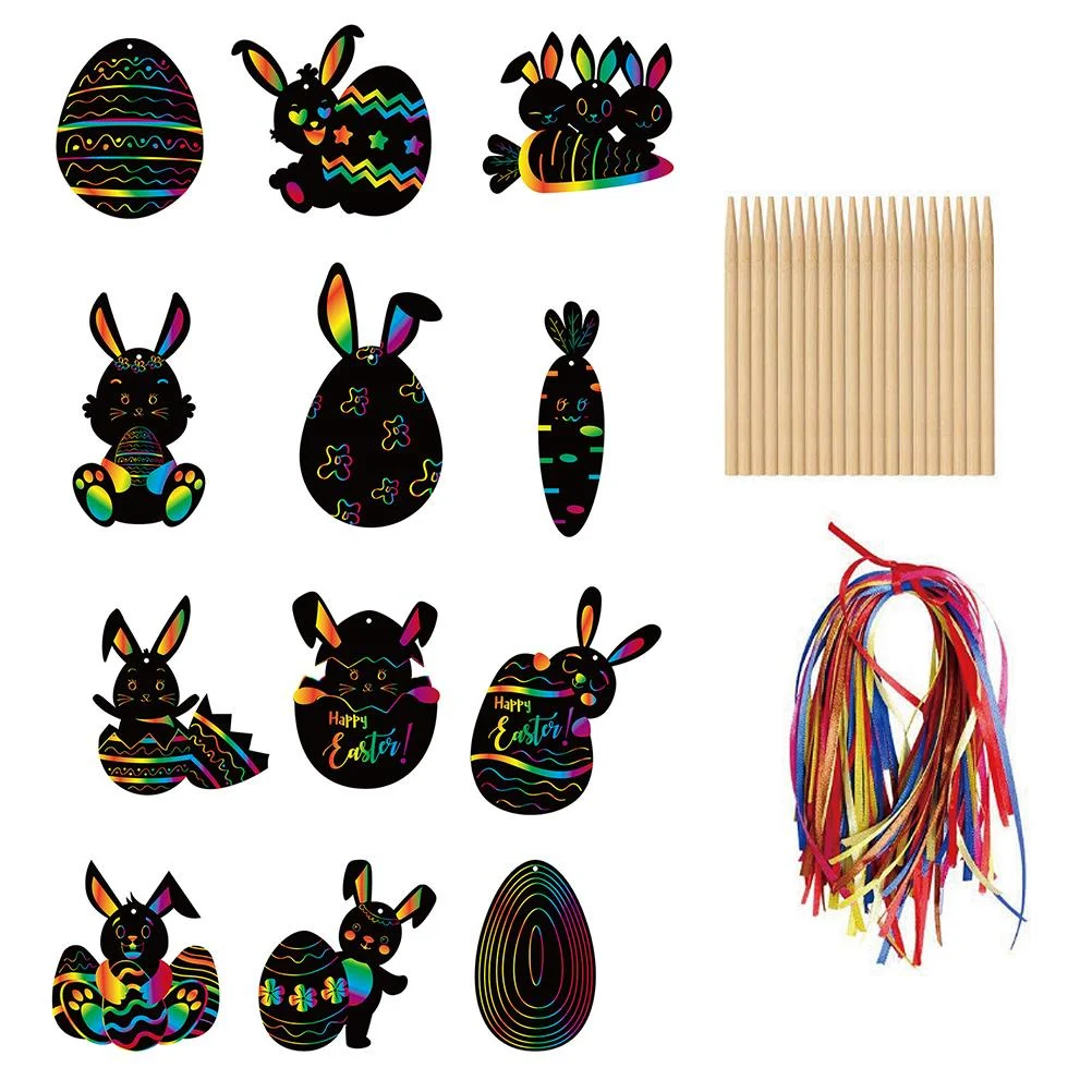 108PCS/SET DIY Rainbow Easter Egg Rabbit Carrot Chick Scratch Art Ornaments With Scratching Pens For Kids Hunt Gift Bag Favors