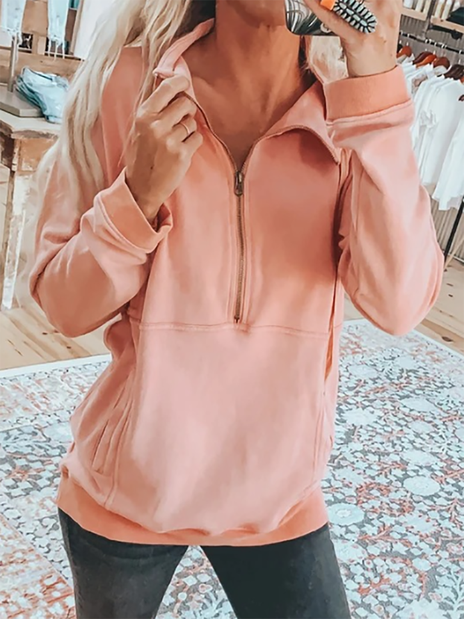 Pink Cotton-Blend Long Sleeve Women's Sweatshirt Zaesvini