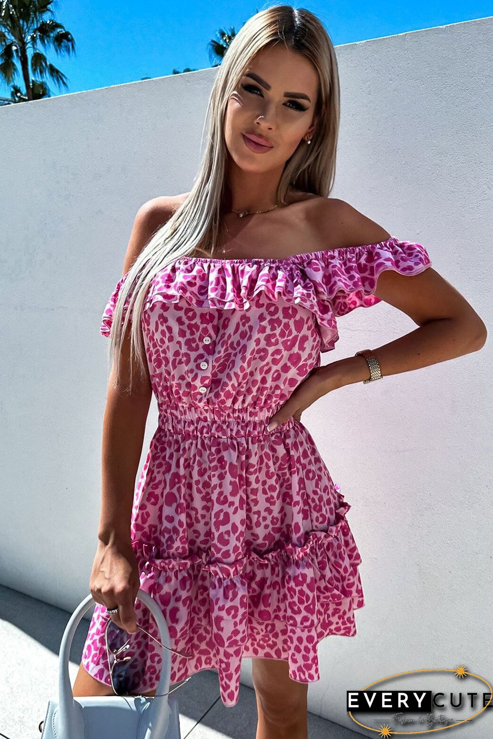 Rose Leopard Off Shoulder Buttoned Ruffled Mini Dress