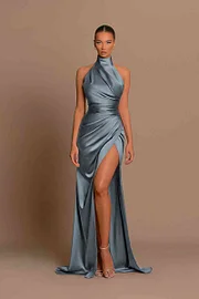 high neck sleeveless formal dress Amazing High Neck Sleeveless Prom Dress Mermaid Long Split main image 0