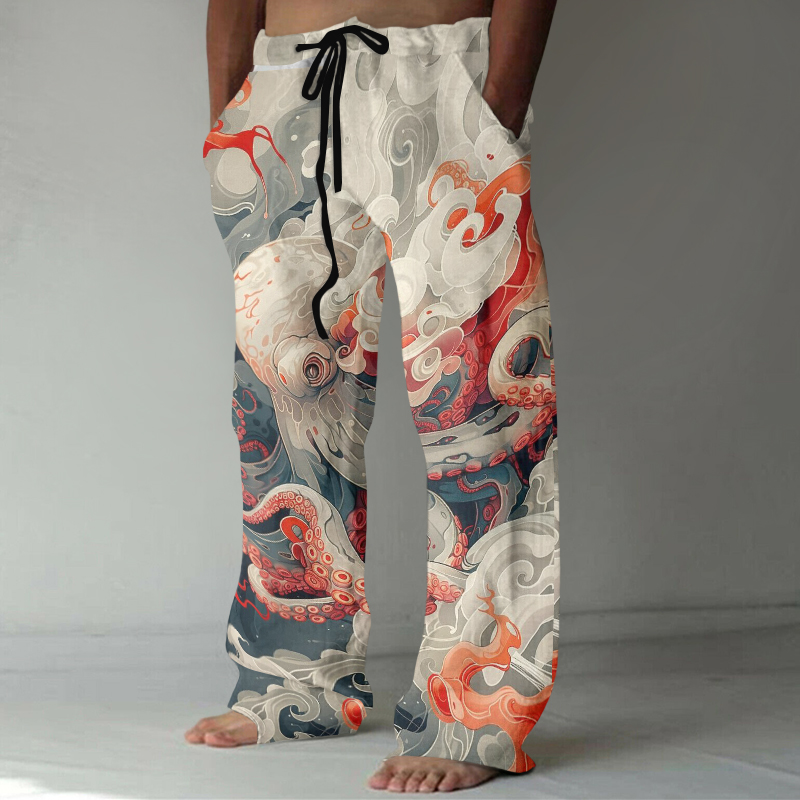 Japanese Art Ukiyo-e Octopus Print Casual Linen Blend Pants