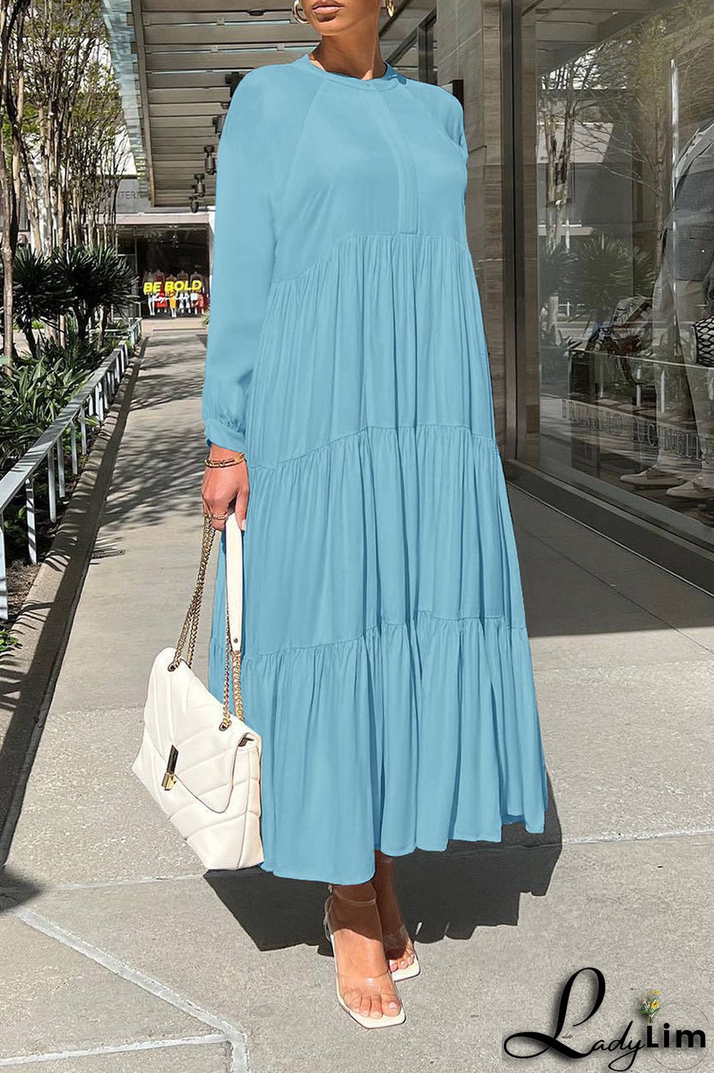 Apricot Casual Solid Patchwork Fold O Neck Straight Dresses