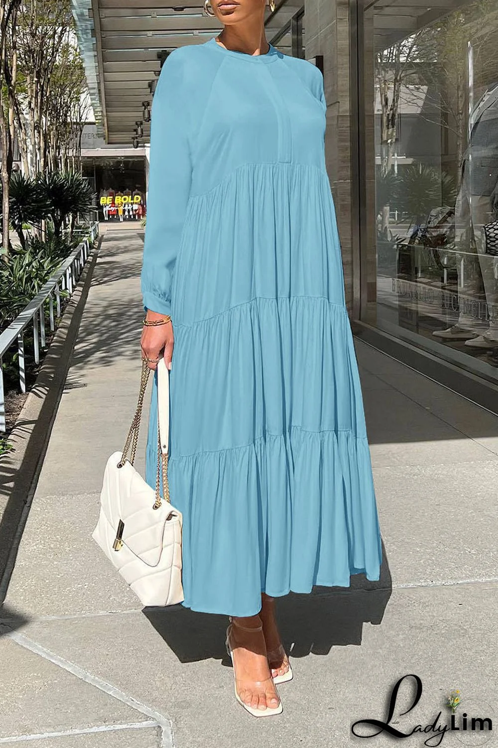 Apricot Casual Solid Patchwork Fold O Neck Straight Dresses