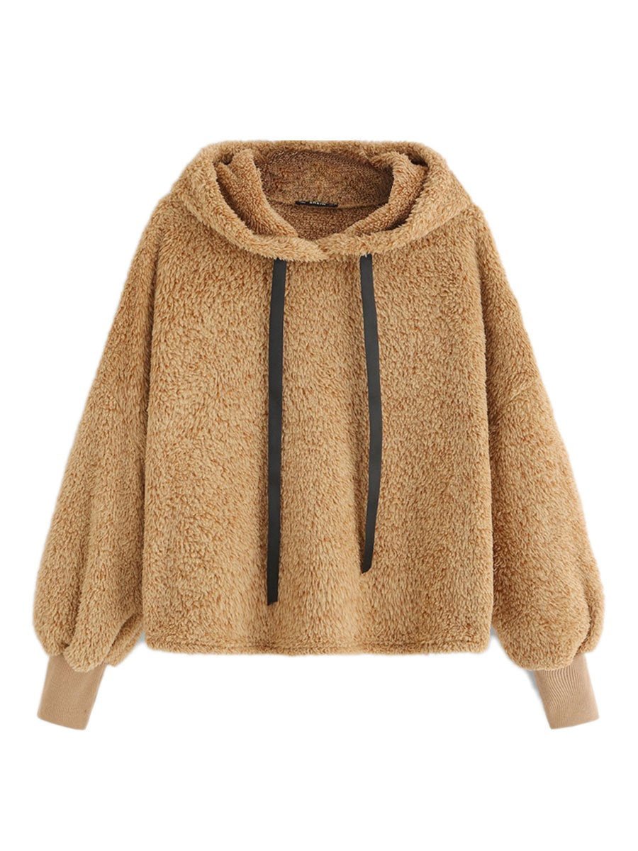 Minimalist Hoodie Autumn Camel Plain Faux Fur Drawstring Sweatshirt
