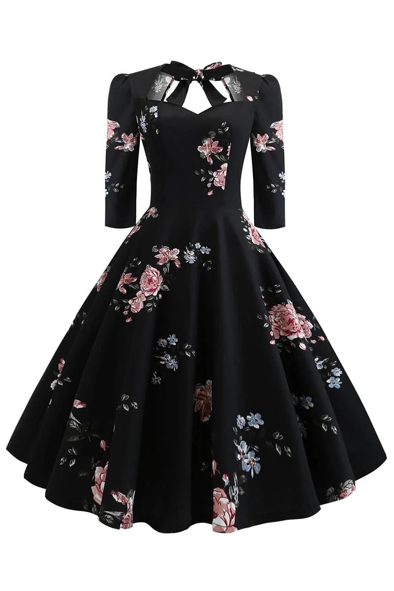 1950s Plus Size Floral Lace Up Swing Dress