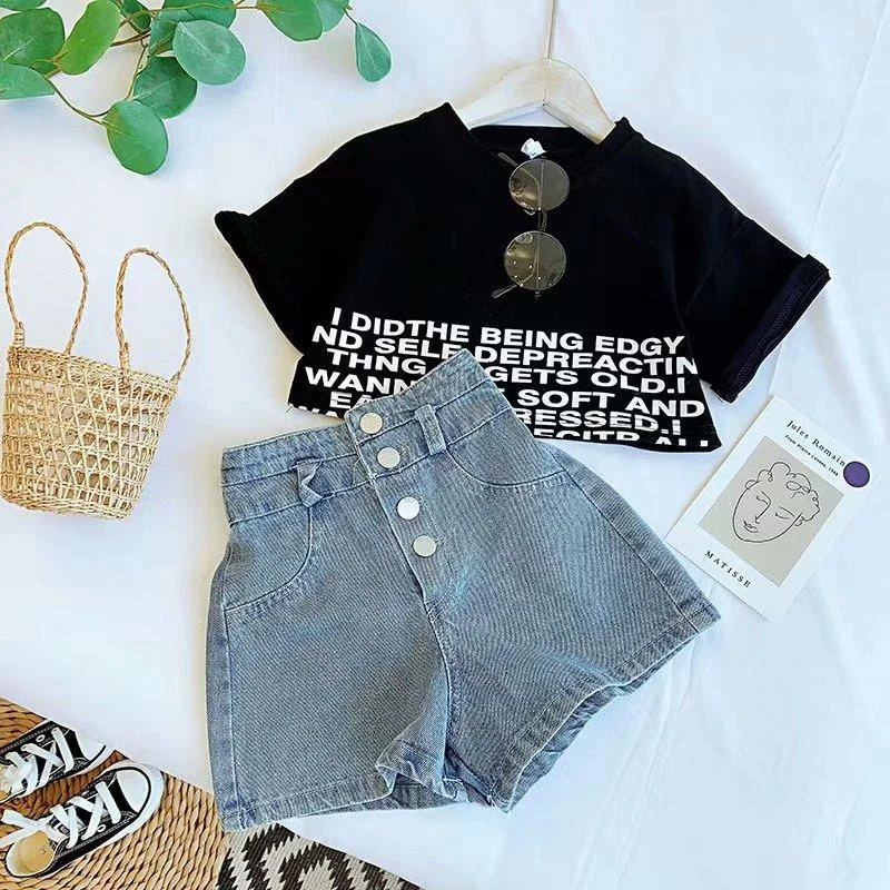 Children's Suit 2021 Summer New Girls Set Children's Casual  T-shirt Letter denim shorts two-piece Round Neck