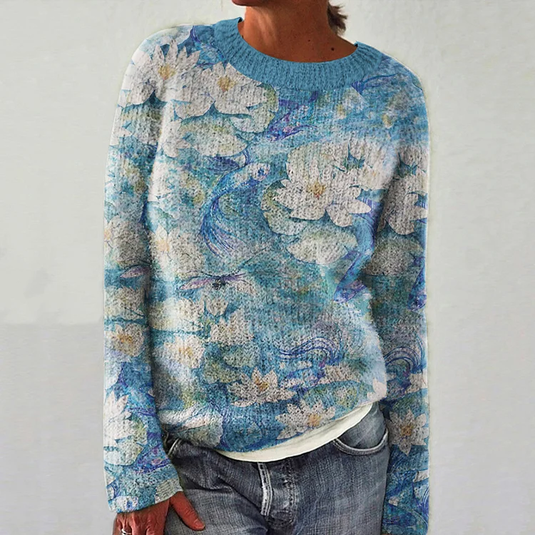 Vintage Blue Water Lily Pattern Women's Sweater