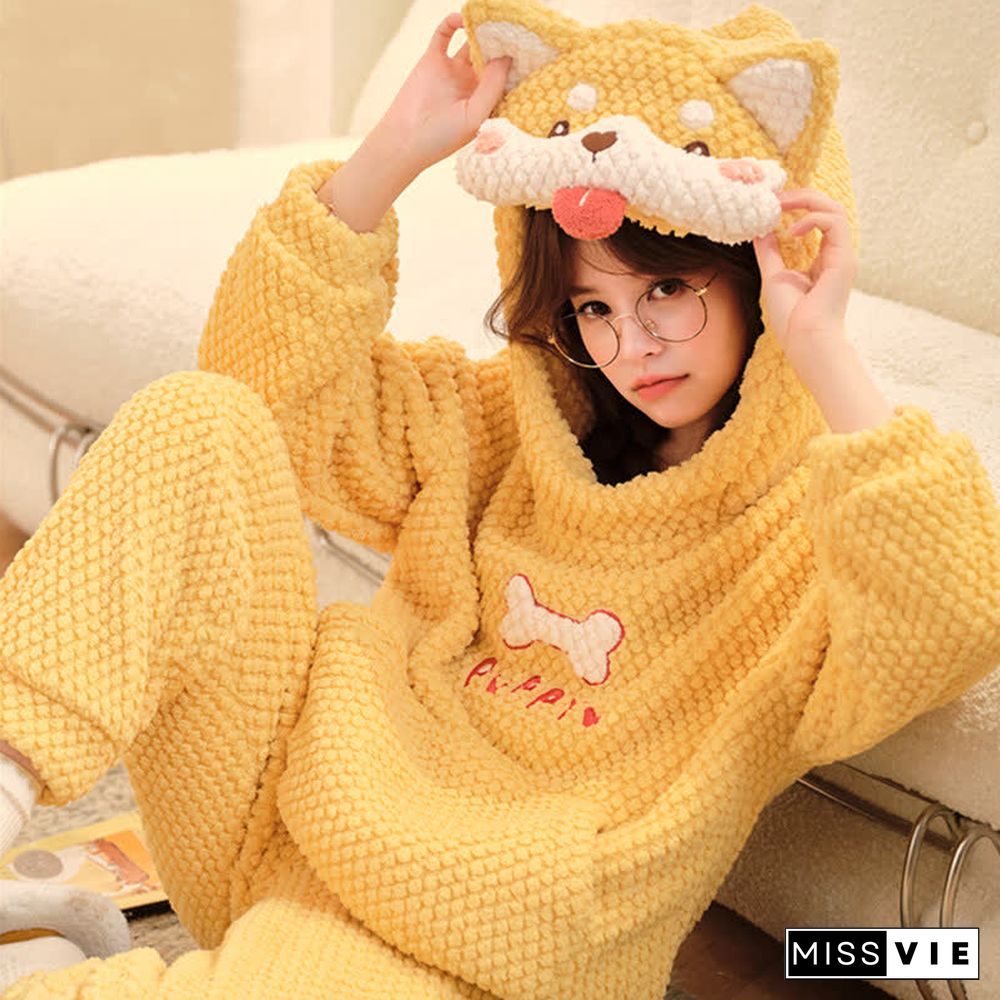 Cartoon Puppy Plush Loose Hooded Pajamas Set