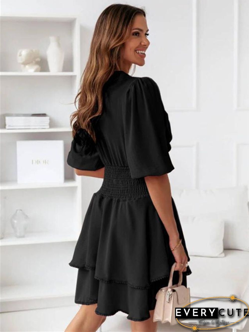 V-neck Solid Color Ruffled Waist Short Sleeve Dress