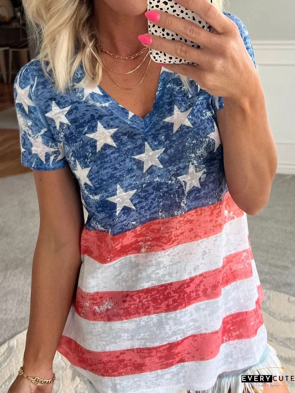 Patriotic Blue Striped Stars V Neck Tee