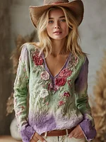 Love & Health Collection Retro Western Women Style Vintage Patchwork Rose And Floral Art Casual V Neck Linen Shirt - Image 3