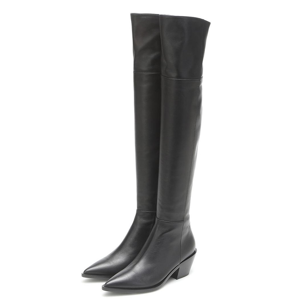 Pointed Toe Genuine Leather Boots Spool Heel Skinny Thigh High Boots Nicepairs