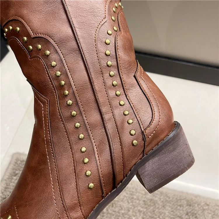 Yyvonne 2025 New Retro Rivet Western Cowboy Boots Female Riders British Wind Side Thick And High Boots
