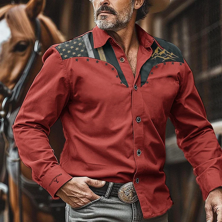 Men's Retro Western Nomad American Flag Yellowstone Print Long Sleeve Shirt