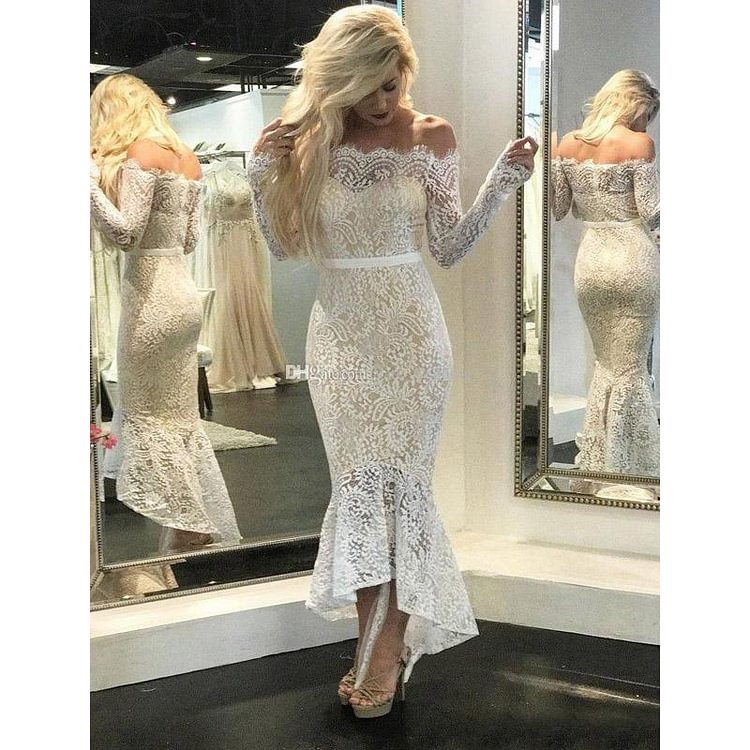 Women Lace Wedding Dress Sexy off-the-Shoulder Lace Long Sleeve Hip Skirt Mid Skirt