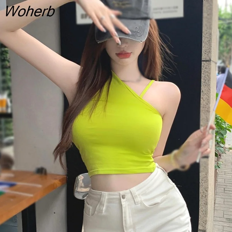 Woherb Women Casual Crop Tops Irregular One Shoulder Straps Sexy Short Tanks Female Summer Fashion Solid Color Camis