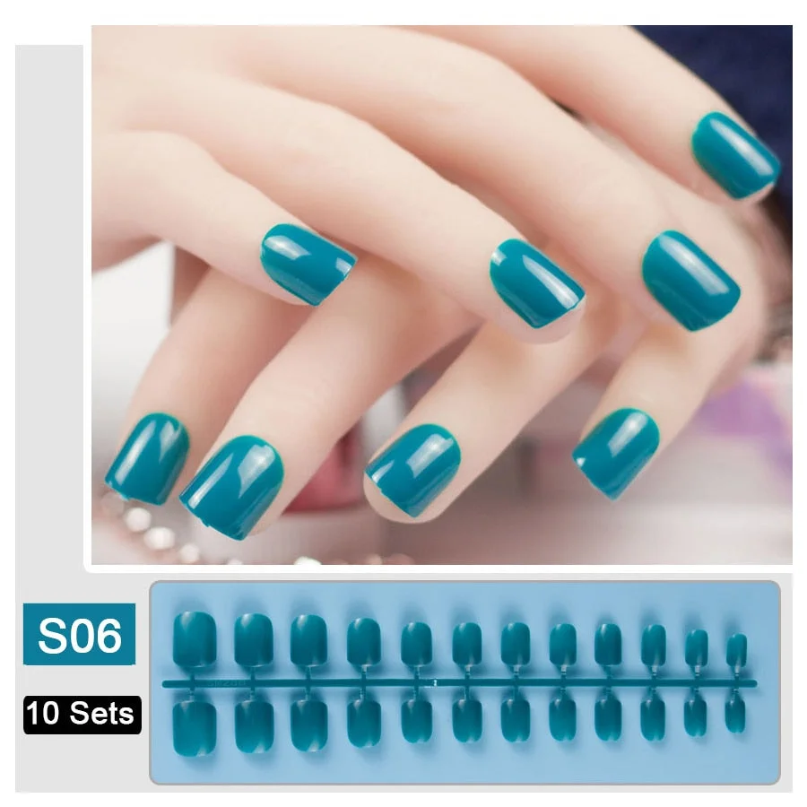 10 Sets/Pack Mixed Solid Colors Coffin Round Square Almond Shape False Nails Full Cover Nail Tips Short Fake Nails Tip Manicure-Nail Inspo