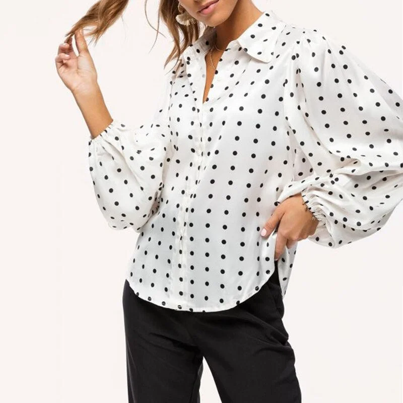 Huiketi Office Lady White Blouse Shirt Women Polka Dot Lantern Sleeve Women Blouses Tops Oversized Loose Female Shirt Blusas 12372