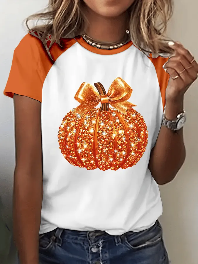 Women's Autumn Sequin Pumpkin Print Casual T-Shirt 