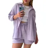 Women's Wrinkled Fabric Casual Long Sleeve Shirt High Waist Drawstring Shorts Two-piece Set