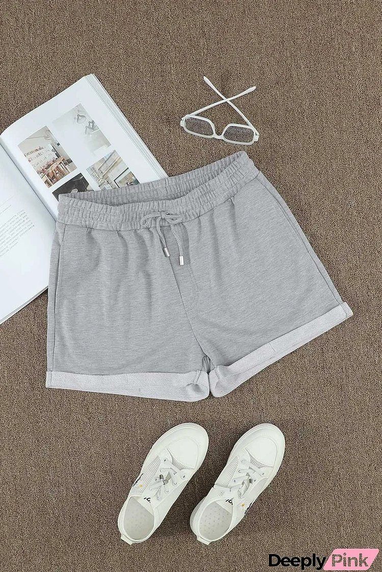 Summer Women Gray Tie Waist Side Pockets Cuffed Lounge Shorts